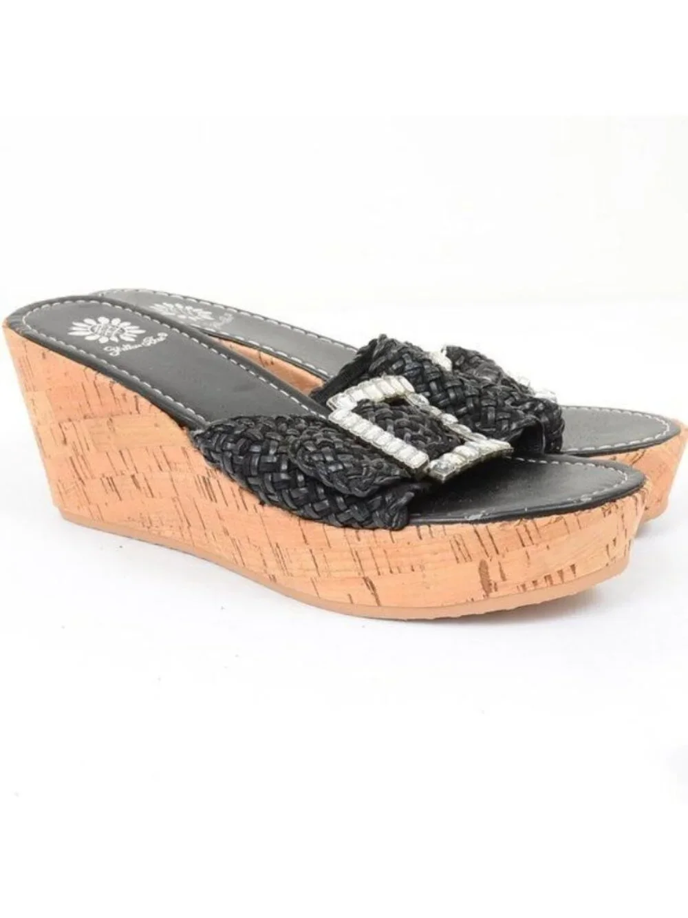 Yellow Box Women's 8 Chunky Rhinestone Buckle Vegan Leather Cork Wedge Slides